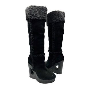 Michael Kors Knee High Suede & Shearling‎ Wedge Cutout Heel Boots